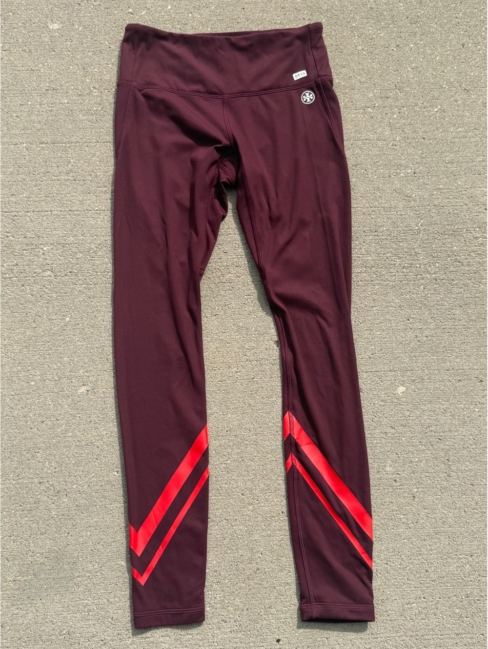 Tory Burch Sport Burgundy Athletic Leggings with Red Chevron Stripes, Size S